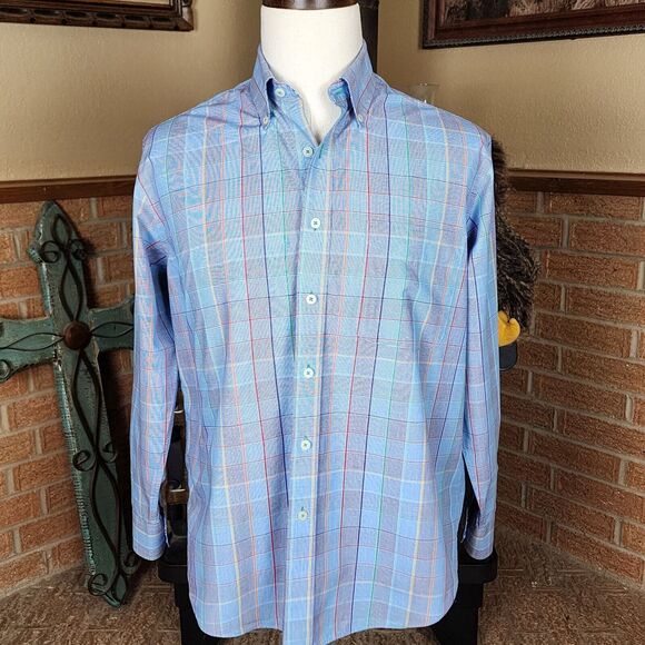 Alan Flusser Blue Check Button Down Oxford Shirt Flip Cuff Size M - Picture 2 of 8